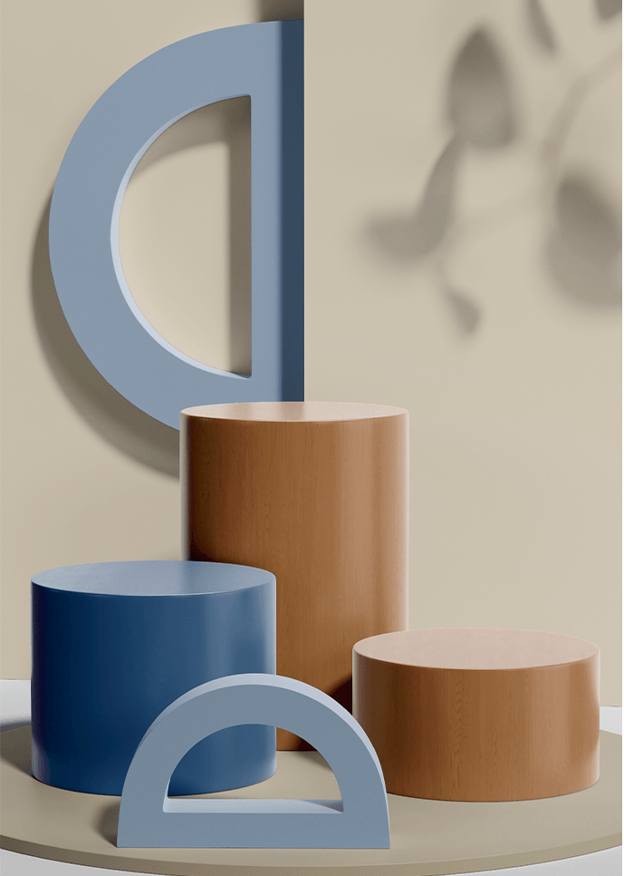 Abstract branded display objects in blue and beige tones